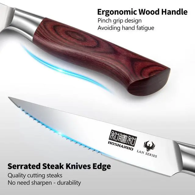 Alt view image 3 of 7 - HOSHANHO Steak Knife Set 8 Pieces, 4.5 Inch Super Sharp High Carbon Stainless Steel Steak Knife Set, Professional Premium Serrated Precise Cutting with Ergonomic Wood Handle