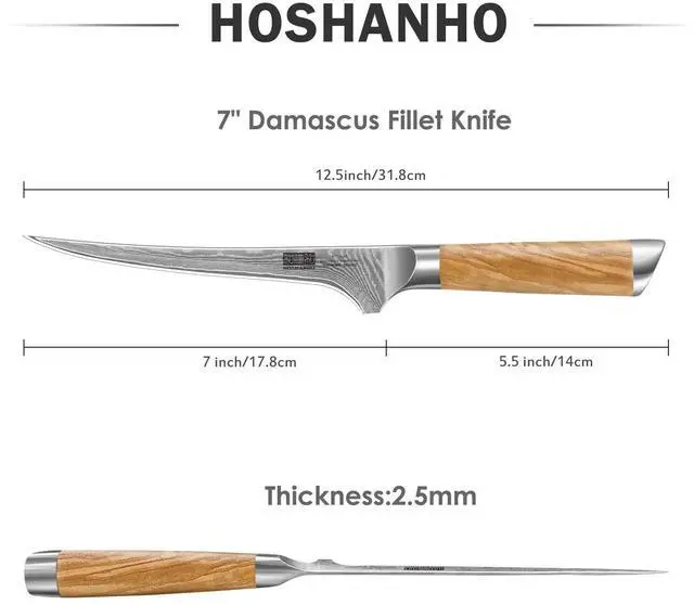 Alt view image 2 of 7 - HOSHANHO 7 Inch Damascus Fillet Knife, Professional VG-10 Super Steel Japanese Boning Knife, Ultra Sharp Fish Knife with Ergonomic Olive Wood Handle