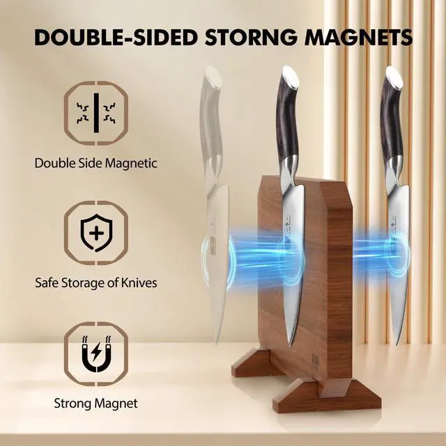 Alt view image 2 of 7 - HOSHANHO Magnetic Knife Block, Thickened Acacia Wood Kitchen Knife Holder Stand with Strong Magnets, Multifunctional Double Side Knife Storage Organizer for Kitchen Counter