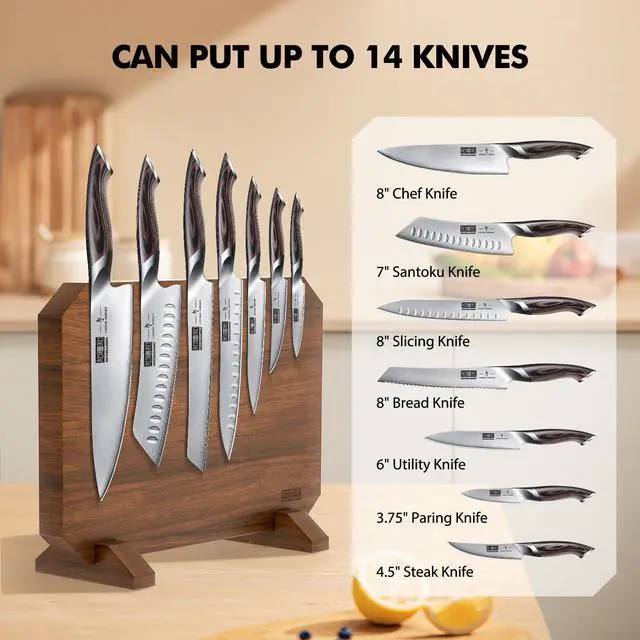 Alt view image 3 of 7 - HOSHANHO Magnetic Knife Block, Thickened Acacia Wood Kitchen Knife Holder Stand with Strong Magnets, Multifunctional Double Side Knife Storage Organizer for Kitchen Counter