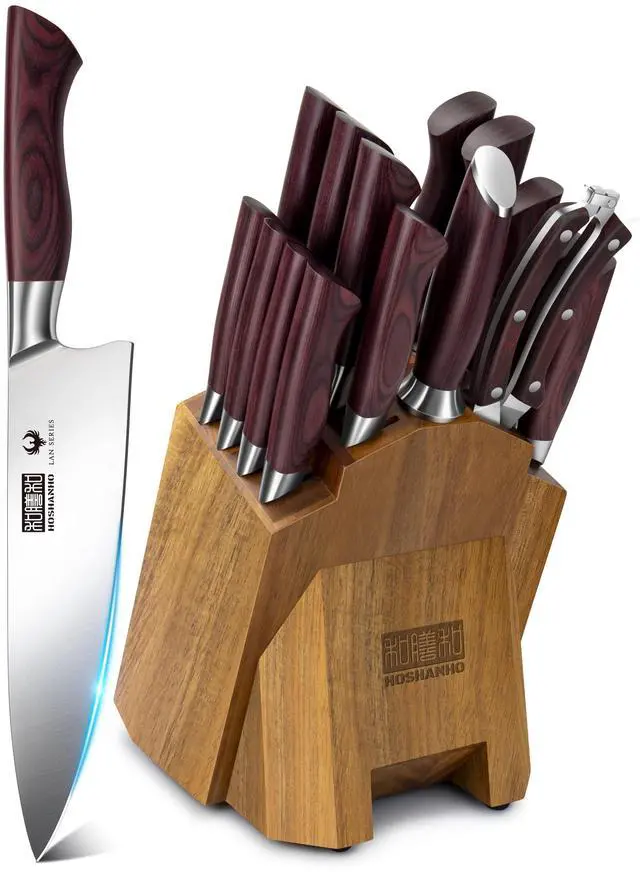Main image of HOSHANHO Kitchen Knife Set with Block 18-Piece, Super Sharp High Carbon Stainless Steel Chef Knife Set, Professional Cutlery Knife Set with Sharpener