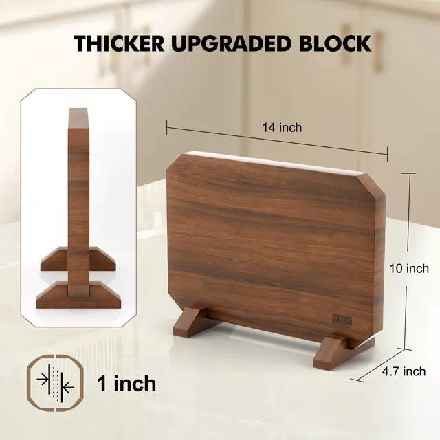 Alt view image 5 of 7 - HOSHANHO Magnetic Knife Block, Thickened Acacia Wood Kitchen Knife Holder Stand with Strong Magnets, Multifunctional Double Side Knife Storage Organizer for Kitchen Counter
