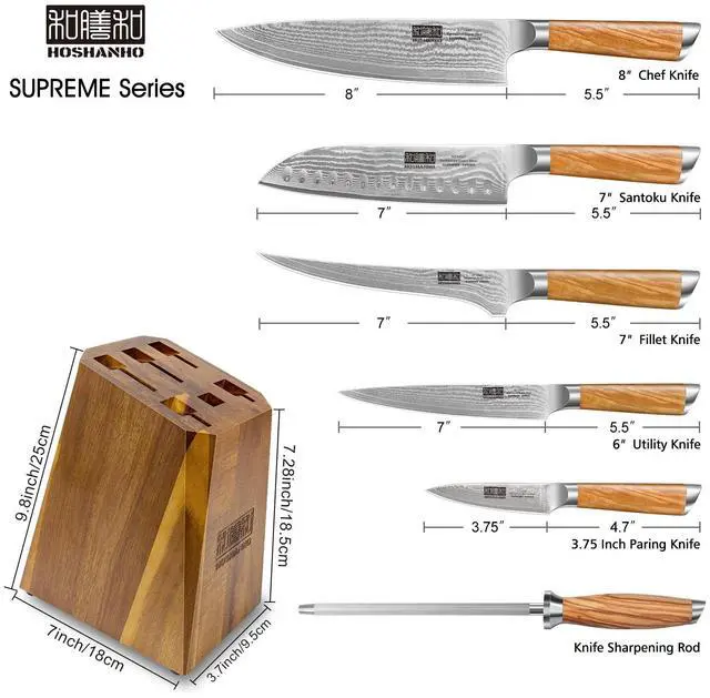Alt view image 2 of 7 - HOSHANHO Knife Set with Block 7-Piece, Professional 67-layer Damascus Super Steel Kitchen Knife Sets for Cooking, Ultra Sharp Knife Set with Sharpener