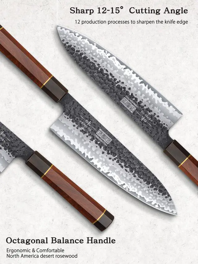 Alt view image 4 of 7 - HOSHANHO 3 Pieces Knife Set, Professional High Carbon Steel Kitchen Knives Set, Ultra Sharp Japanese Chef Knife Set with Ergonomic Handle & Gift Box