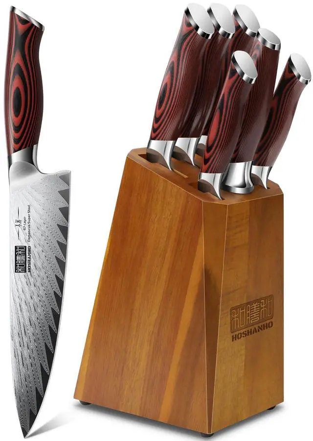 Main image of Kitchen Knife Set with Block, 7 Pieces Chef Knife Set 67 Layers Damascus Steel Professional Knife Set for Cooking, Ergonomic G10 Handles with Sharpener