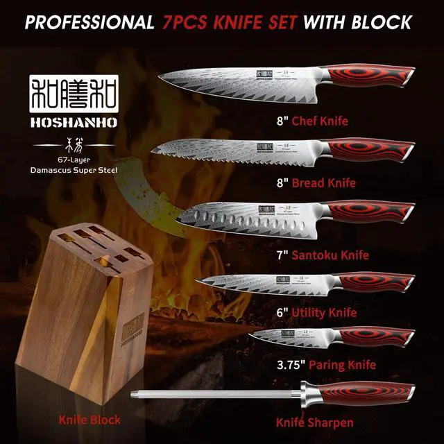 Alt view image 2 of 7 - Kitchen Knife Set with Block, 7 Pieces Chef Knife Set 67 Layers Damascus Steel Professional Knife Set for Cooking, Ergonomic G10 Handles with Sharpener