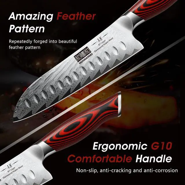 Alt view image 4 of 7 - Kitchen Knife Set with Block, 7 Pieces Chef Knife Set 67 Layers Damascus Steel Professional Knife Set for Cooking, Ergonomic G10 Handles with Sharpener