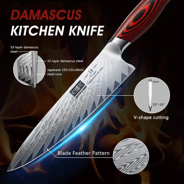 Alt view image 3 of 7 - Kitchen Knife Set with Block, 7 Pieces Chef Knife Set 67 Layers Damascus Steel Professional Knife Set for Cooking, Ergonomic G10 Handles with Sharpener