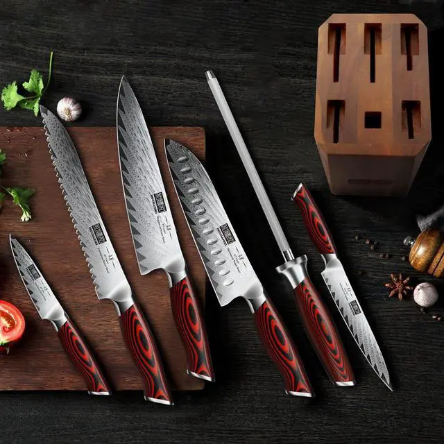 Alt view image 5 of 7 - Kitchen Knife Set with Block, 7 Pieces Chef Knife Set 67 Layers Damascus Steel Professional Knife Set for Cooking, Ergonomic G10 Handles with Sharpener