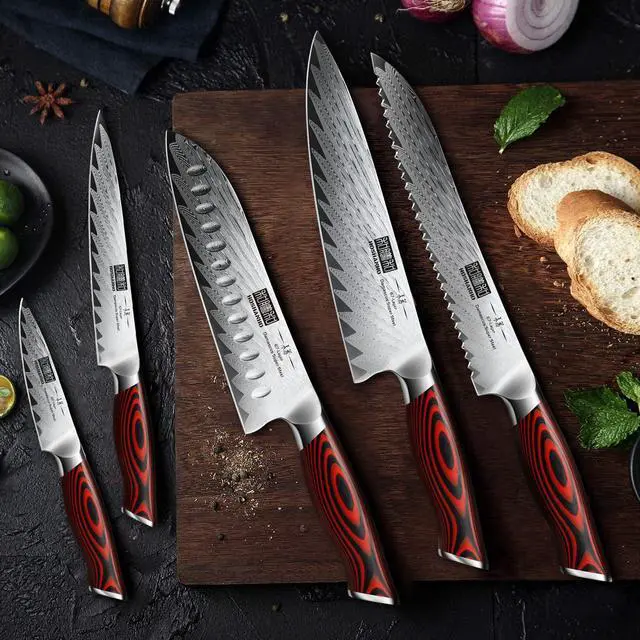Alt view image 6 of 7 - Kitchen Knife Set with Block, 7 Pieces Chef Knife Set 67 Layers Damascus Steel Professional Knife Set for Cooking, Ergonomic G10 Handles with Sharpener
