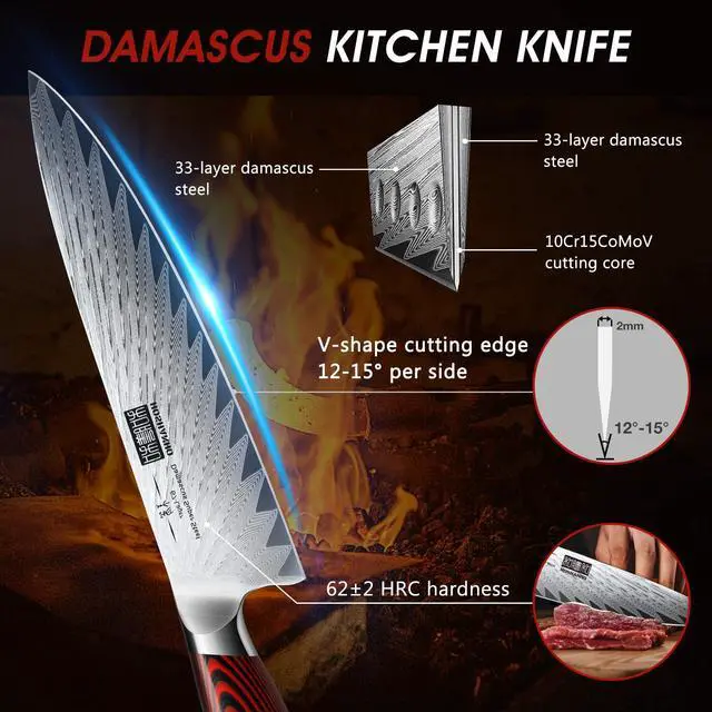 Alt view image 2 of 7 - HOSHANHO 3 Pieces Damascus Kitchen Knife Set Ultra-Sharp Knives Set, Professional Chef Knife Set With G10 Ergonomic Handle,Gift Box
