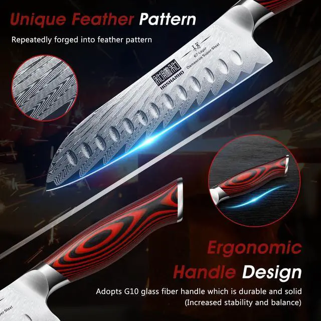 Alt view image 3 of 7 - HOSHANHO 3 Pieces Damascus Kitchen Knife Set Ultra-Sharp Knives Set, Professional Chef Knife Set With G10 Ergonomic Handle,Gift Box