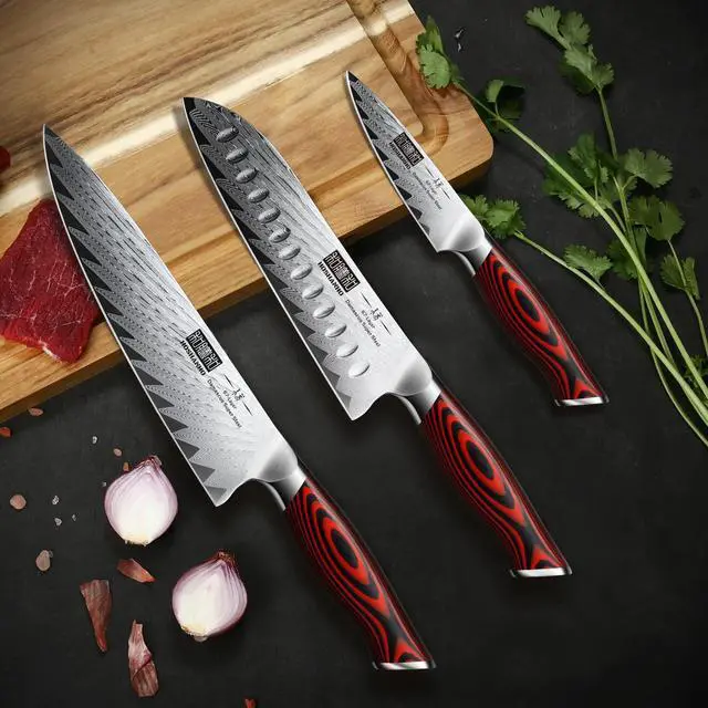 Alt view image 5 of 7 - HOSHANHO 3 Pieces Damascus Kitchen Knife Set Ultra-Sharp Knives Set, Professional Chef Knife Set With G10 Ergonomic Handle,Gift Box