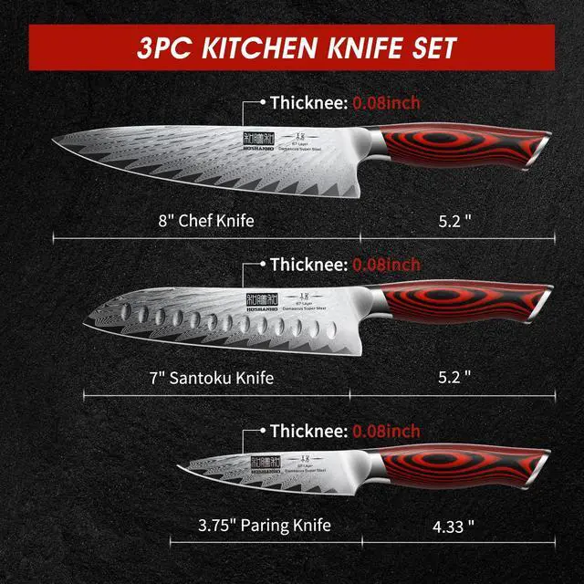 Alt view image 4 of 7 - HOSHANHO 3 Pieces Damascus Kitchen Knife Set Ultra-Sharp Knives Set, Professional Chef Knife Set With G10 Ergonomic Handle,Gift Box