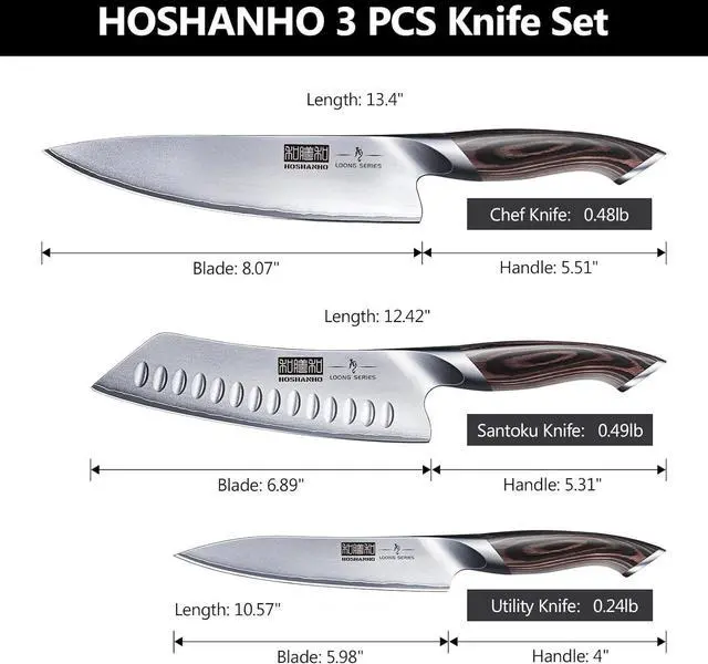 Alt view image 2 of 7 - HOSHANHO 3 Pieces Knife set with Magnetic Knife Block 14 x 10 Inches, Professional Japanese AUS-10 Stainless Steel Kitchen Knife Set, Ultra Sharp Chef Knives Sets with Ergonomic Pakkawood Handle