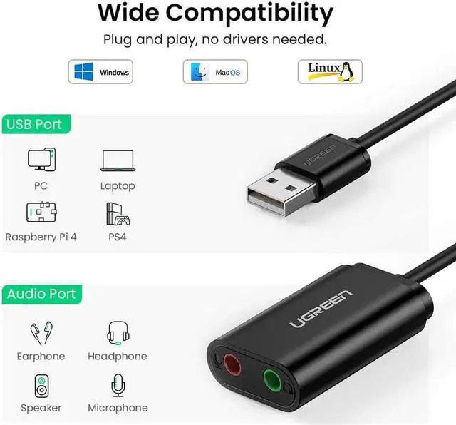 Alt view image 7 of 7 - UGREEN USB Audio Adapter External Stereo Sound Card With 3.5mm Headphone And Microphone Jack For Windows, Mac, Linux, PC, Laptops, Desktops, PS4