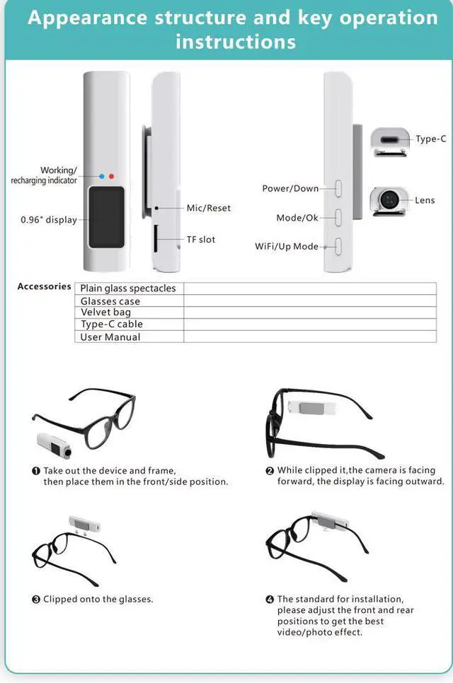 Alt view image 7 of 7 - Glasses, action camera, 1080P high definition, WIFI, mobile phone interconnection, head-mounted, glasses replacement, audio and video recording, with 128GB storage card
