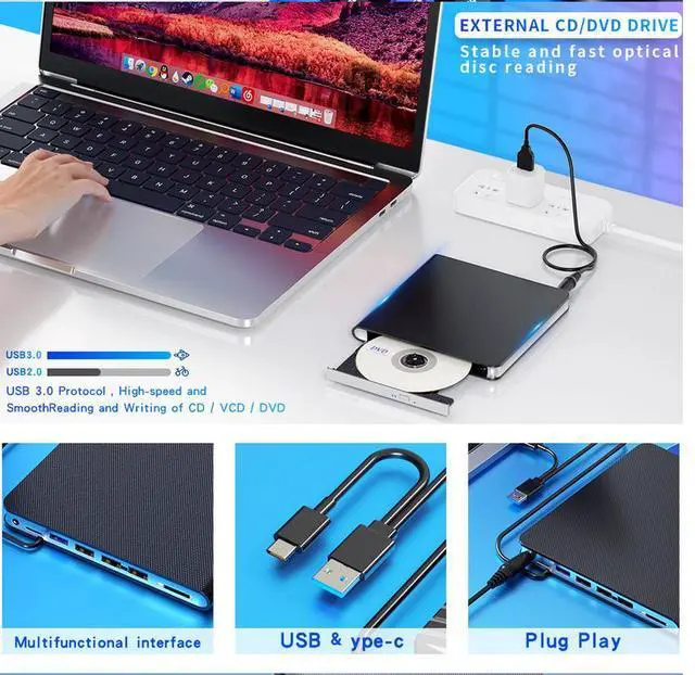 Alt view image 6 of 6 - 7-in-one multi-functional [Blu-ray BD-ROM] Read/play BD/DVD/CD/VCD full series discs, high-speed usb/ Type-C external dvd, notebook, portable computer, desktop optical drive