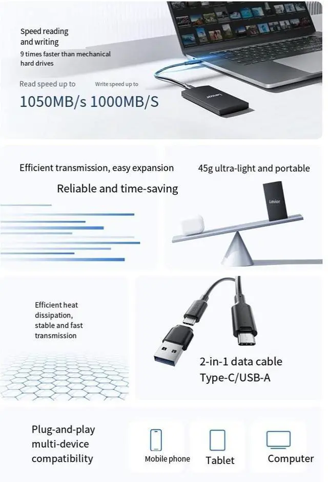 Alt view image 4 of 6 - Lexar SL300 portable solid-state drive TYPE-C high-speed computer 2T external portable mobile phone PSSD