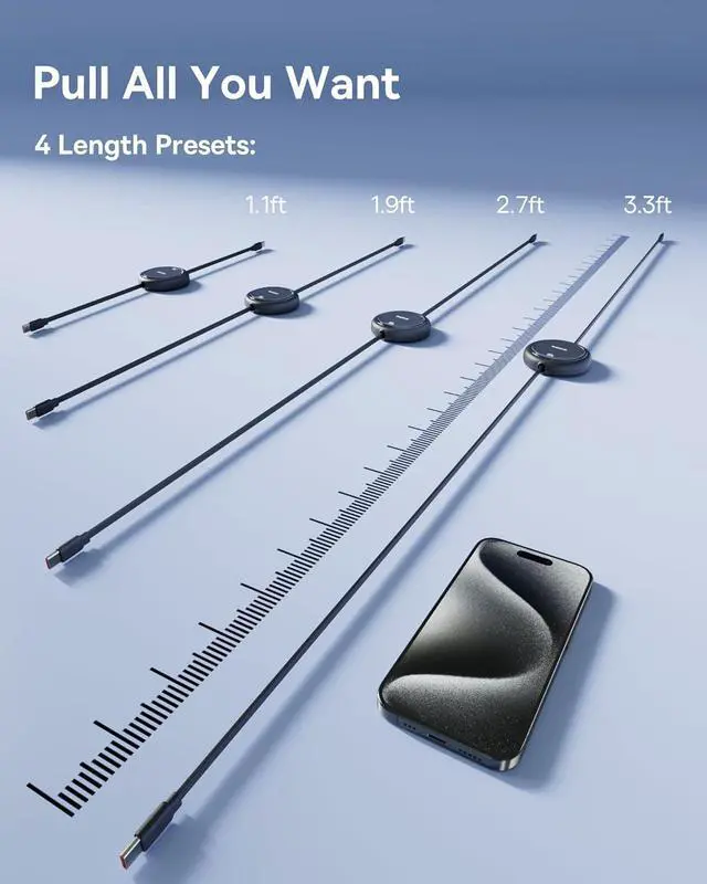 Alt view image 4 of 7 - Baseus USB C to USB C Cable, 100W Retractable USB C 5A Fast Charging Cable, 4-Stage Length Preset USB Type C Charger Cord for iPhone 16 15 Pro Plus Pro Max, MacBook, iPad, Samsung S24/S23+ (3.3ft)