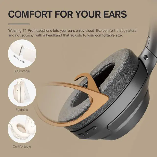 Alt view image 6 of 7 - iKF T1 Pro Wireless Bluetooth Over-Ear Headphones, 100H Battery, HiFi Sound, ANC, Multi-Device Connection, App Control, Wired Mode, for Travel, Work, Gaming, Music T1 Pro Black