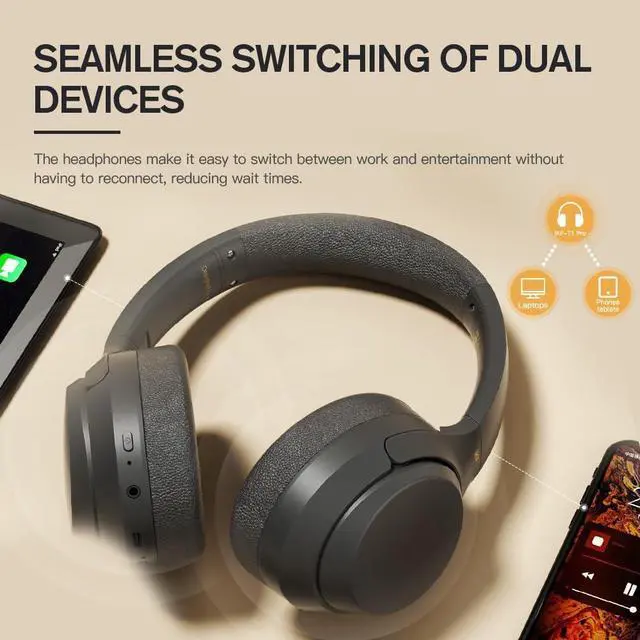 Alt view image 5 of 7 - iKF T1 Pro Wireless Bluetooth Over-Ear Headphones, 100H Battery, HiFi Sound, ANC, Multi-Device Connection, App Control, Wired Mode, for Travel, Work, Gaming, Music T1 Pro Black