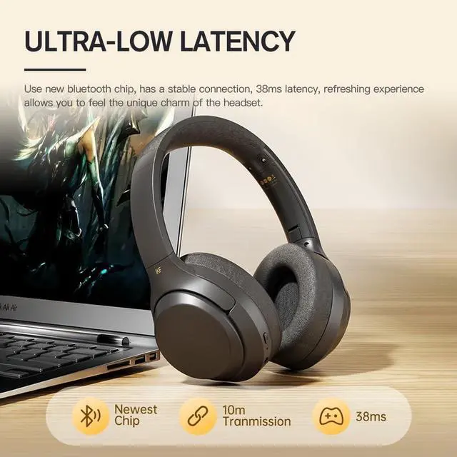 Alt view image 3 of 7 - iKF T1 Pro Wireless Bluetooth Over-Ear Headphones, 100H Battery, HiFi Sound, ANC, Multi-Device Connection, App Control, Wired Mode, for Travel, Work, Gaming, Music T1 Pro Black