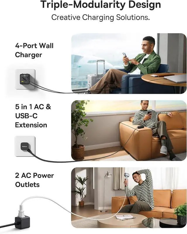 Alt view image 2 of 7 - Baseus Charging Station 67W, 5 in 1 Detachable Travel Power Strip USB C Fast Charger, 5ft Flat Extension Cord with 2 AC Outlets, Portable Charger for MacBook Pro, iPhone, Cruise Travel Essentials