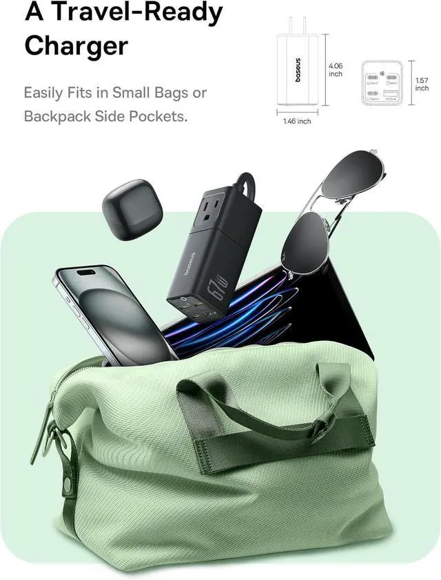 Alt view image 6 of 7 - Baseus Charging Station 67W, 5 in 1 Detachable Travel Power Strip USB C Fast Charger, 5ft Flat Extension Cord with 2 AC Outlets, Portable Charger for MacBook Pro, iPhone, Cruise Travel Essentials