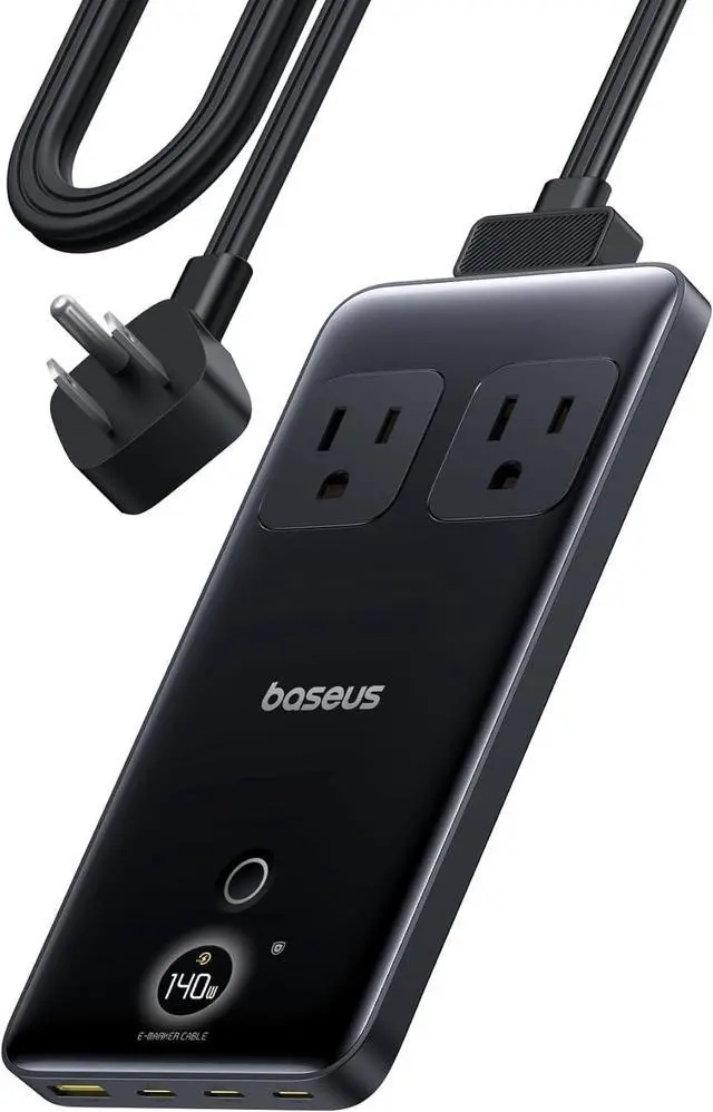 Main image of Baseus Blade Charging Station 140W, 6-in-1 Compact USB C Power Strip with 5ft Detachable Flat Extension Cord, Digital Display, Slim Fast Desktop Charger for Work and Travel (Not a Portable Battery)
