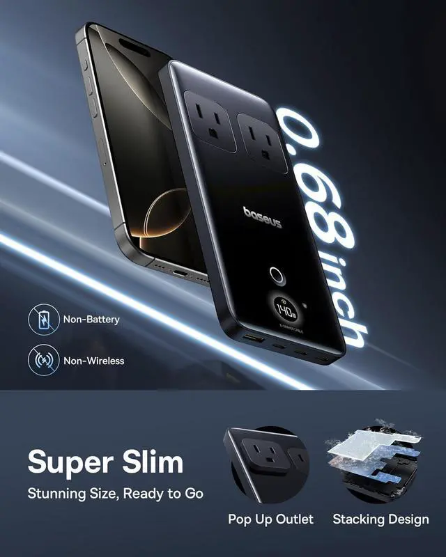 Alt view image 4 of 6 - Baseus Blade Charging Station 140W, 6-in-1 Compact USB C Power Strip with 5ft Detachable Flat Extension Cord, Digital Display, Slim Fast Desktop Charger for Work and Travel (Not a Portable Battery)