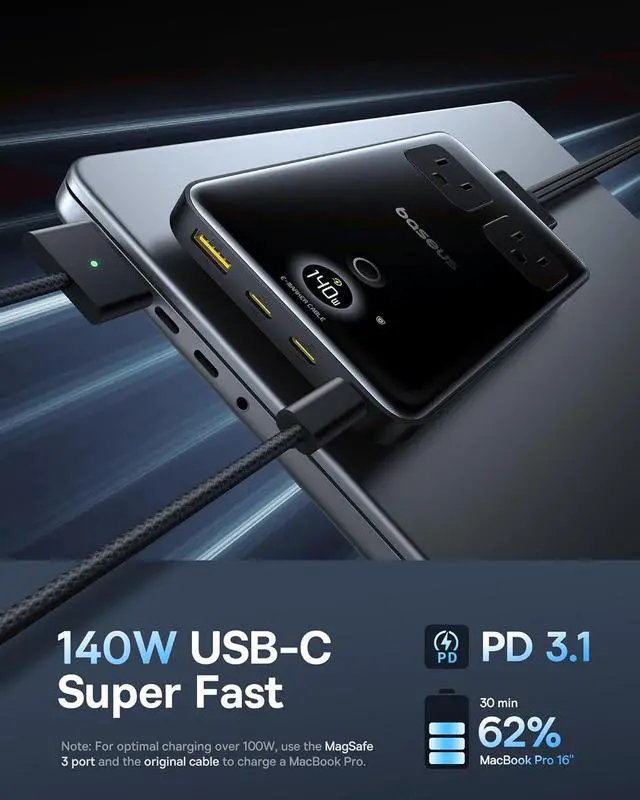 Alt view image 3 of 6 - Baseus Blade Charging Station 140W, 6-in-1 Compact USB C Power Strip with 5ft Detachable Flat Extension Cord, Digital Display, Slim Fast Desktop Charger for Work and Travel (Not a Portable Battery)