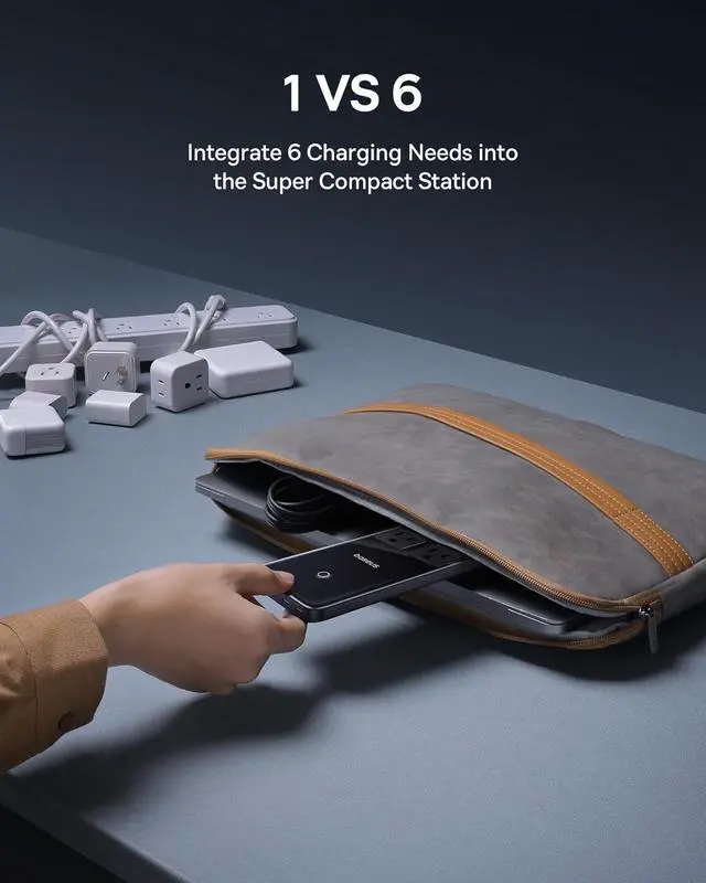 Alt view image 6 of 6 - Baseus Blade Charging Station 140W, 6-in-1 Compact USB C Power Strip with 5ft Detachable Flat Extension Cord, Digital Display, Slim Fast Desktop Charger for Work and Travel (Not a Portable Battery)