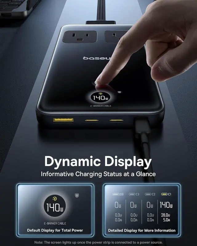 Alt view image 5 of 6 - Baseus Blade Charging Station 140W, 6-in-1 Compact USB C Power Strip with 5ft Detachable Flat Extension Cord, Digital Display, Slim Fast Desktop Charger for Work and Travel (Not a Portable Battery)