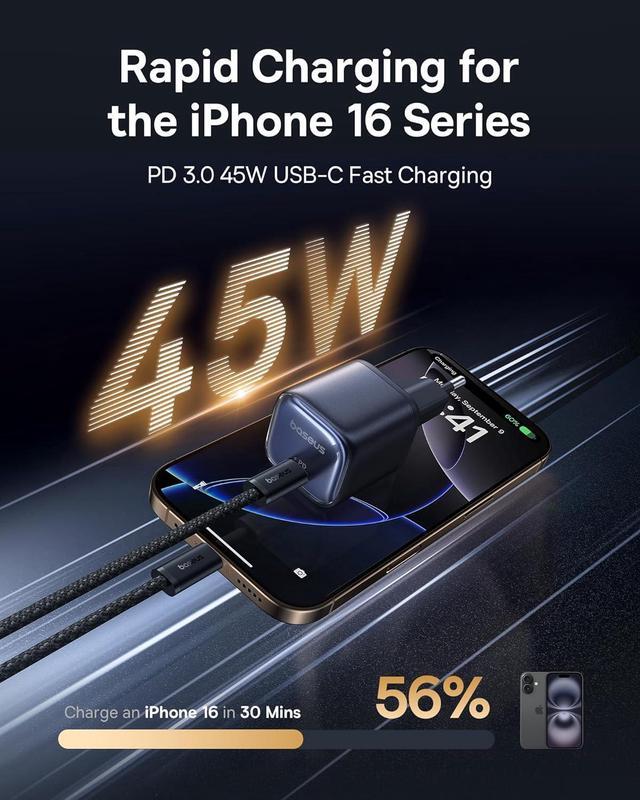 Alt view image 2 of 7 - Baseus 45W Charger, PicoGo C1 USB C Charging Block Fast Charging, Compact Type C Wall Charger for iPhone16/15/14/13/12 Series, Galaxy Series, MacBook Etc,Black