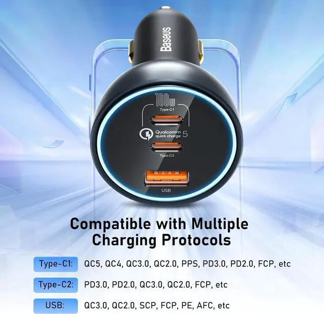 Alt view image 7 of 7 - 160W USB C Car Charger, Baseus Type C Car Charger, QC5.0 PD3.0 PPS 3 Ports Super Fast Charging Car Phone Charger Adapter for iPhone 15 14 13 Pro, Samsung S22 iPad MacBook Pro
