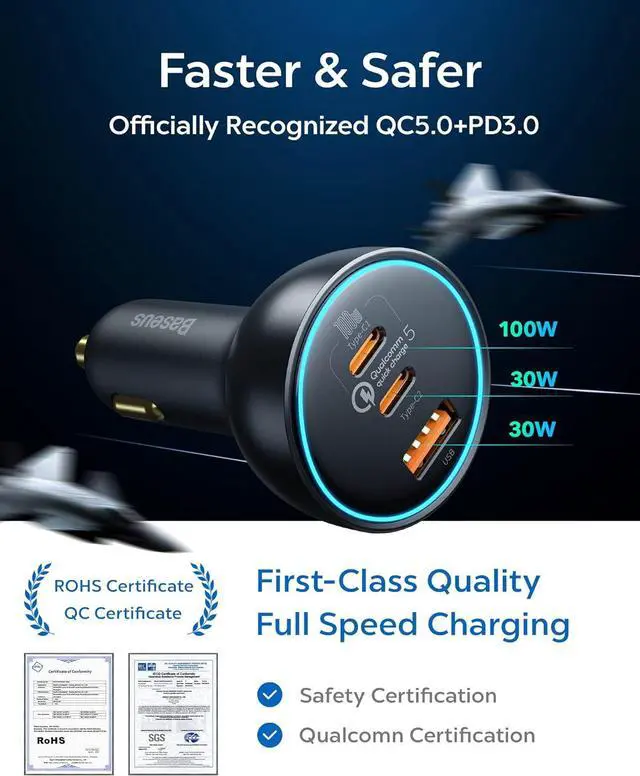 Alt view image 5 of 7 - 160W USB C Car Charger, Baseus Type C Car Charger, QC5.0 PD3.0 PPS 3 Ports Super Fast Charging Car Phone Charger Adapter for iPhone 15 14 13 Pro, Samsung S22 iPad MacBook Pro