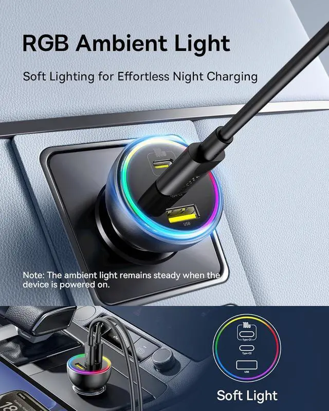 Alt view image 5 of 7 - 100W USB C Car Charger, Baseus Super Fast Charging 3 Ports Car Charger, PD3.0 QC4.0 Ultra Compact RGB Fast Type C Car PhoneCharger Adapter, for iPhone 16 15 14 13 Pro Max With Cable