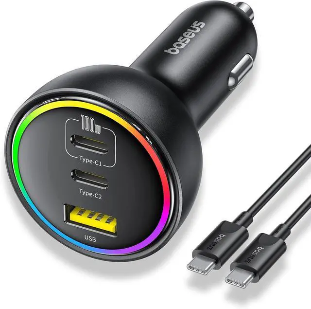 Main image of 100W USB C Car Charger, Baseus Super Fast Charging 3 Ports Car Charger, PD3.0 QC4.0 Ultra Compact RGB Fast Type C Car PhoneCharger Adapter, for iPhone 16 15 14 13 Pro Max With Cable