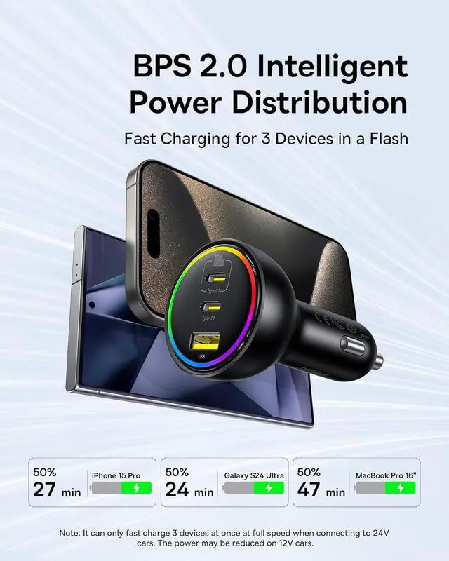 Alt view image 4 of 7 - 100W USB C Car Charger, Baseus Super Fast Charging 3 Ports Car Charger, PD3.0 QC4.0 Ultra Compact RGB Fast Type C Car PhoneCharger Adapter, for iPhone 16 15 14 13 Pro Max With Cable