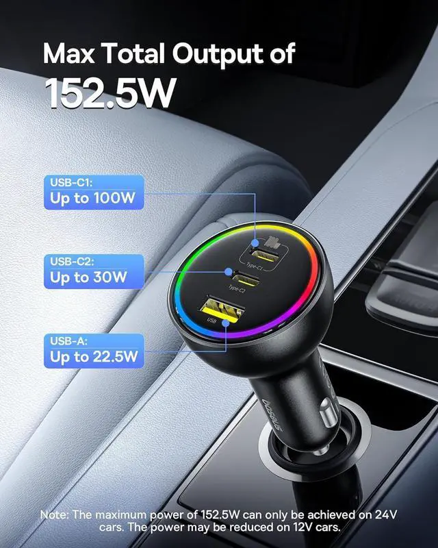 Alt view image 2 of 7 - 100W USB C Car Charger, Baseus Super Fast Charging 3 Ports Car Charger, PD3.0 QC4.0 Ultra Compact RGB Fast Type C Car PhoneCharger Adapter, for iPhone 16 15 14 13 Pro Max With Cable