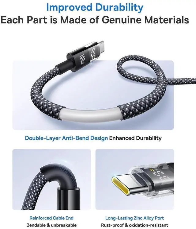 Alt view image 4 of 6 - Baseus USB C Cable, 100W 5A Fast Charging USB C Charger Cable with LED Display, Zinc Alloy Nylon Braided USB C to USB C Cable for iPhone 16/Pro/Plus/Pro Max, MacBook, iPad Pro, Galaxy S24/S23 (3.3ft)