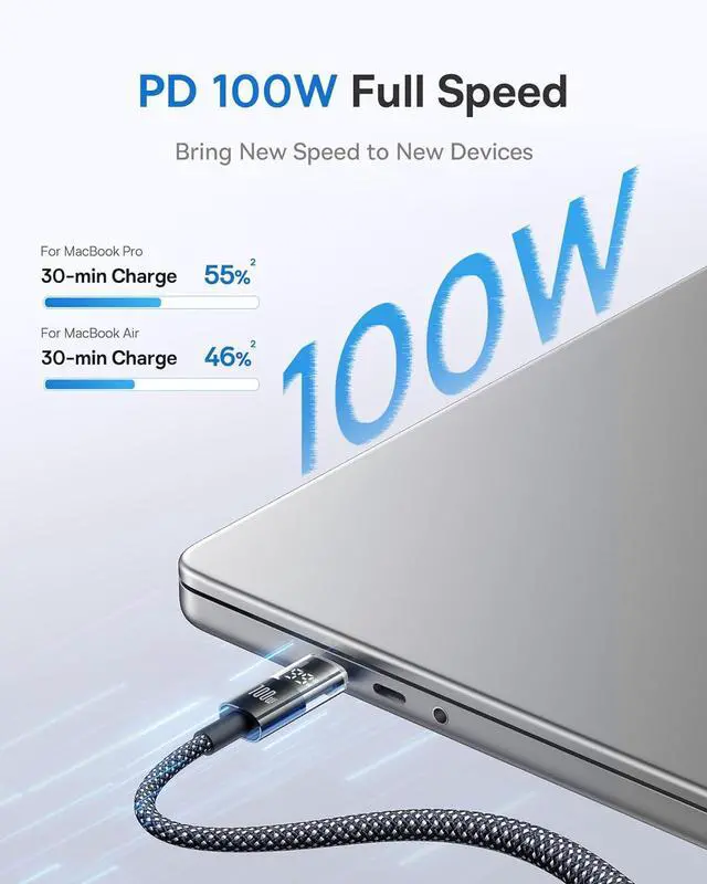 Alt view image 2 of 6 - Baseus USB C Cable, 100W 5A Fast Charging USB C Charger Cable with LED Display, Zinc Alloy Nylon Braided USB C to USB C Cable for iPhone 16/Pro/Plus/Pro Max, MacBook, iPad Pro, Galaxy S24/S23 (6.6ft)