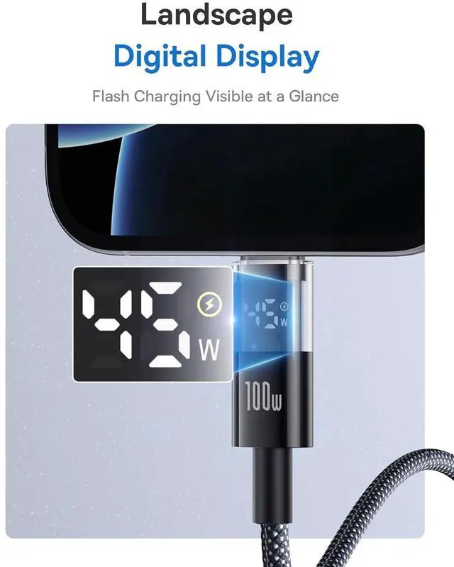 Alt view image 3 of 6 - Baseus USB C Cable, 100W 5A Fast Charging USB C Charger Cable with LED Display, Zinc Alloy Nylon Braided USB C to USB C Cable for iPhone 16/Pro/Plus/Pro Max, MacBook, iPad Pro, Galaxy S24/S23 (6.6ft)