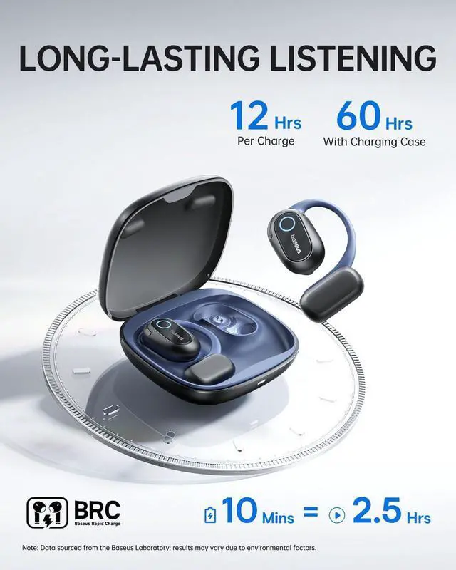 Alt view image 6 of 7 - Baseus Open-Ear Headphones, Hi-Res Wireless Audio with LDAC, Rich Bass, Comfortable Silicone Cushion Design, 60H Play, AI Clear Calls, Bluetooth 5.4, IPX4, Open-Ear Earbuds - Bowie MF1 Black