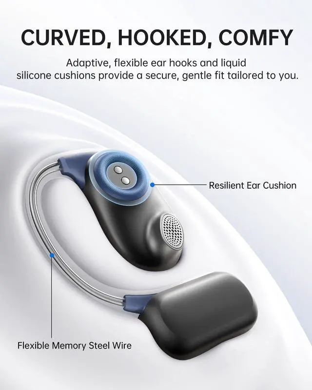 Alt view image 2 of 7 - Baseus Open-Ear Headphones, Hi-Res Wireless Audio with LDAC, Rich Bass, Comfortable Silicone Cushion Design, 60H Play, AI Clear Calls, Bluetooth 5.4, IPX4, Open-Ear Earbuds - Bowie MF1 Black