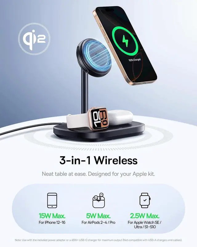 Alt view image 4 of 7 - Baseus 3 in 1 Wireless Charger Stand, Qi2 Certified 15W Cooling Magnetic Charging Station, MagSafe-Compatible iPhone Charger for iPhone16/15, Apple Watch, AirPods - 45W Adapter Included