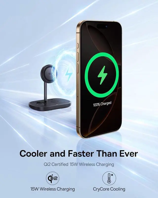Alt view image 3 of 7 - Baseus 3 in 1 Wireless Charger Stand, Qi2 Certified 15W Cooling Magnetic Charging Station, MagSafe-Compatible iPhone Charger for iPhone16/15, Apple Watch, AirPods - 45W Adapter Included