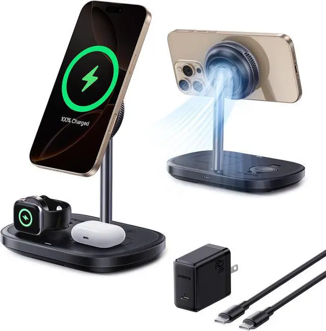 Main image of Baseus 3 in 1 Wireless Charger Stand, Qi2 Certified 15W Cooling Magnetic Charging Station, MagSafe-Compatible iPhone Charger for iPhone16/15, Apple Watch, AirPods - 45W Adapter Included