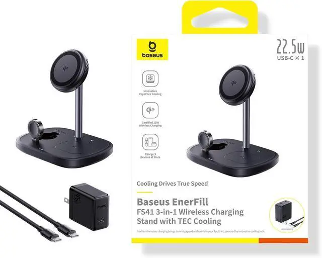 Alt view image 7 of 7 - Baseus 3 in 1 Wireless Charger Stand, Qi2 Certified 15W Cooling Magnetic Charging Station, MagSafe-Compatible iPhone Charger for iPhone16/15, Apple Watch, AirPods - 45W Adapter Included